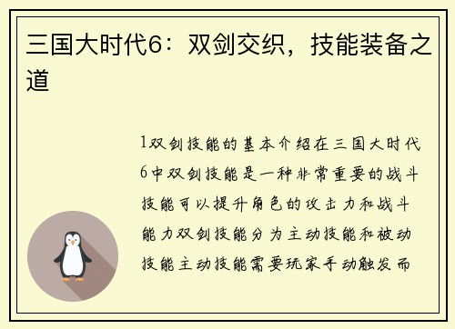 三国大时代6：双剑交织，技能装备之道
