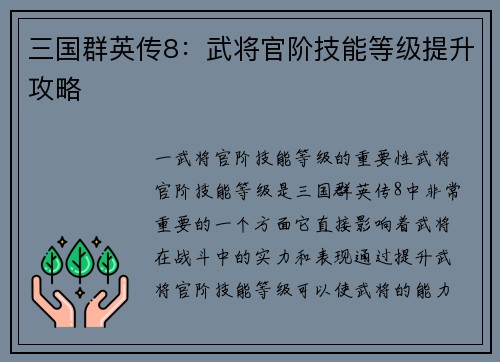 三国群英传8：武将官阶技能等级提升攻略